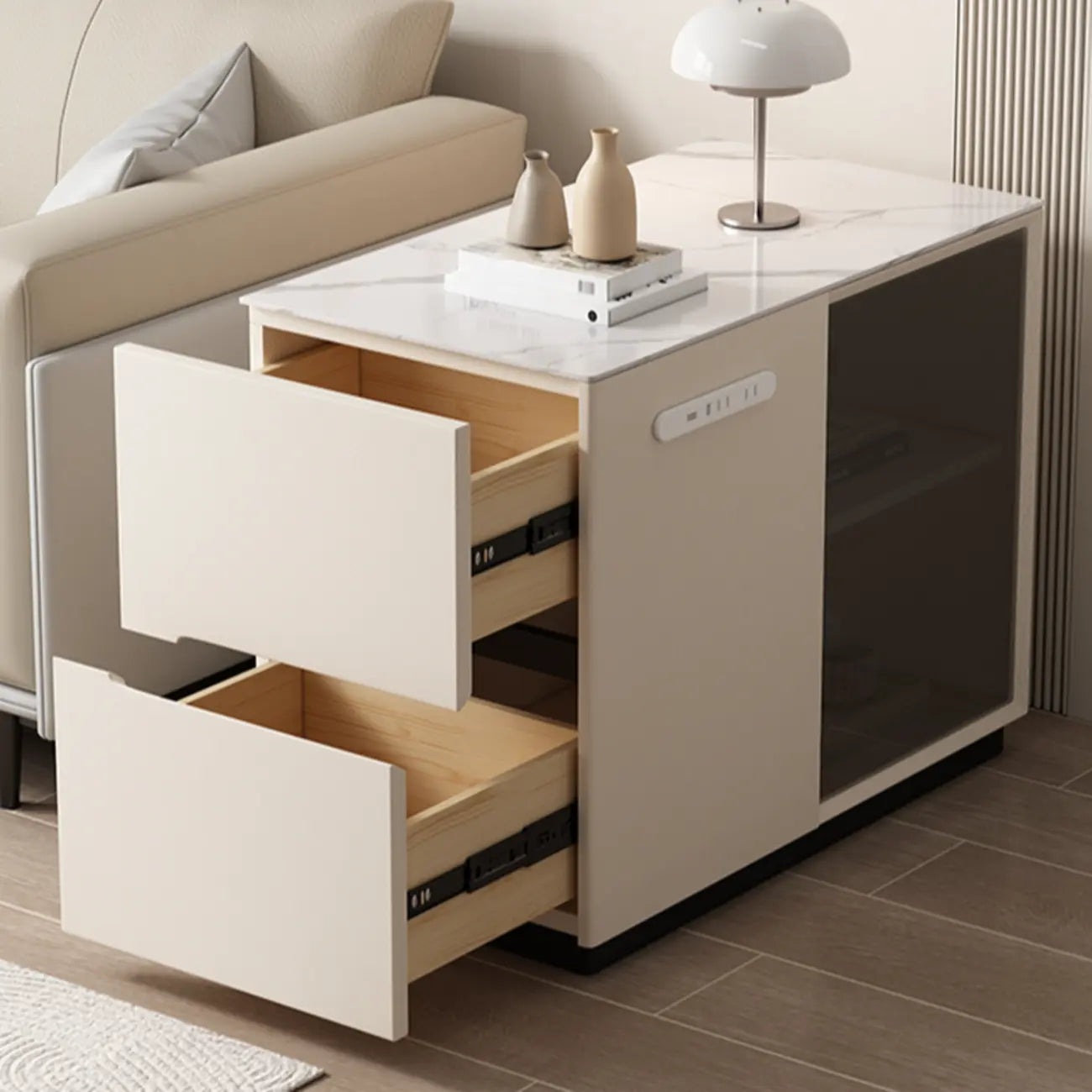 Mobile Rectangular Plastic Top End Table with Storage Drawers