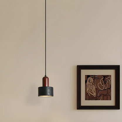 Black Stone Wood Cylinder Pendant Light for Bedroom
