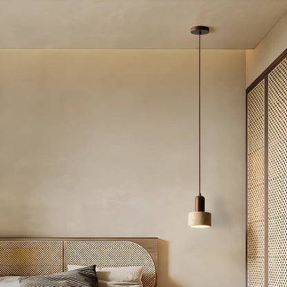 Black Stone Wood Cylinder Pendant Light for Bedroom