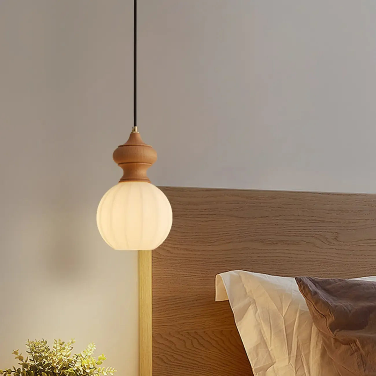 Adjustable Modern Wood Glass Pendant Light for Bedroom