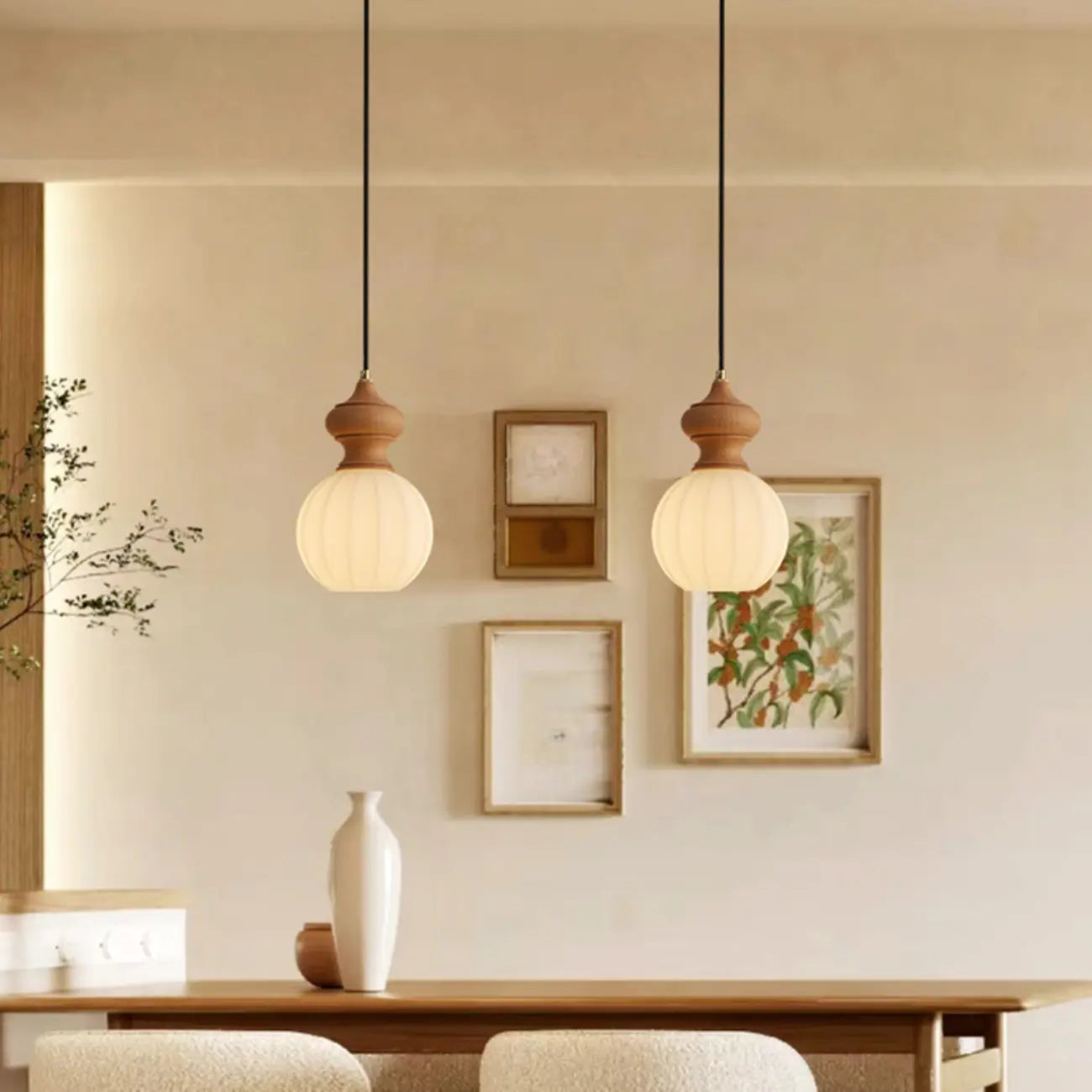 Adjustable Modern Wood Glass Pendant Light for Bedroom