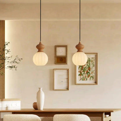 Adjustable Modern Wood Glass Pendant Light for Bedroom
