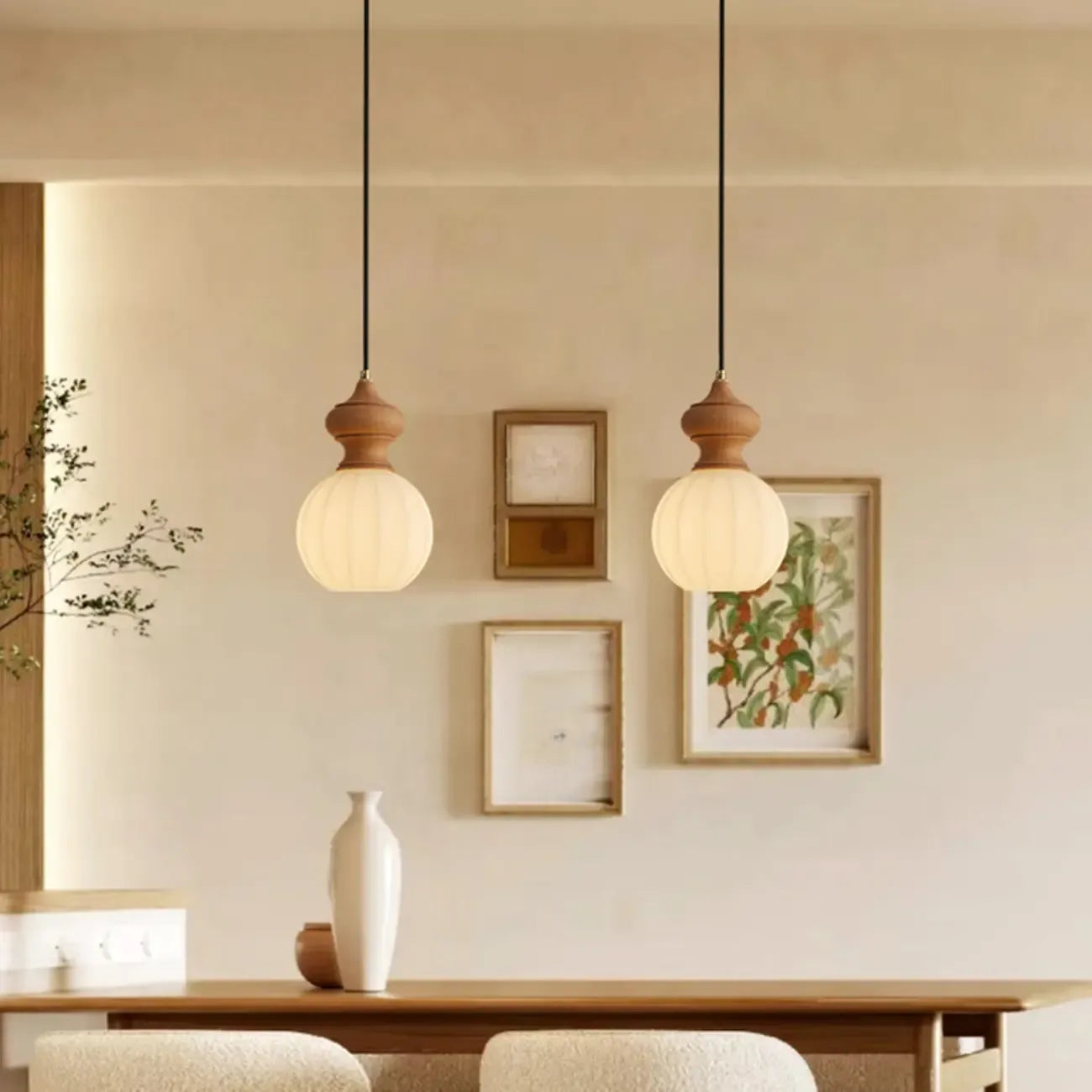 Adjustable Modern Wood Glass Pendant Light for Bedroom