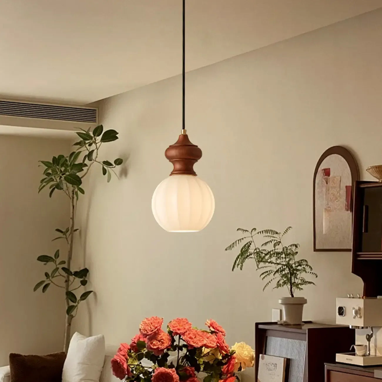 Adjustable Modern Wood Glass Pendant Light for Bedroom