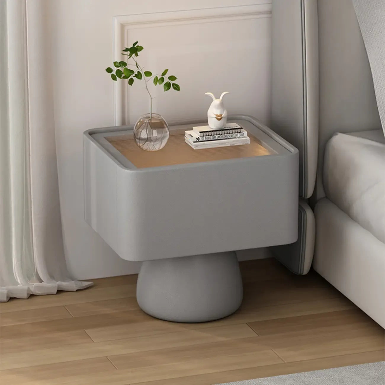 Glass Top Wood Storage Drawer Nightstand