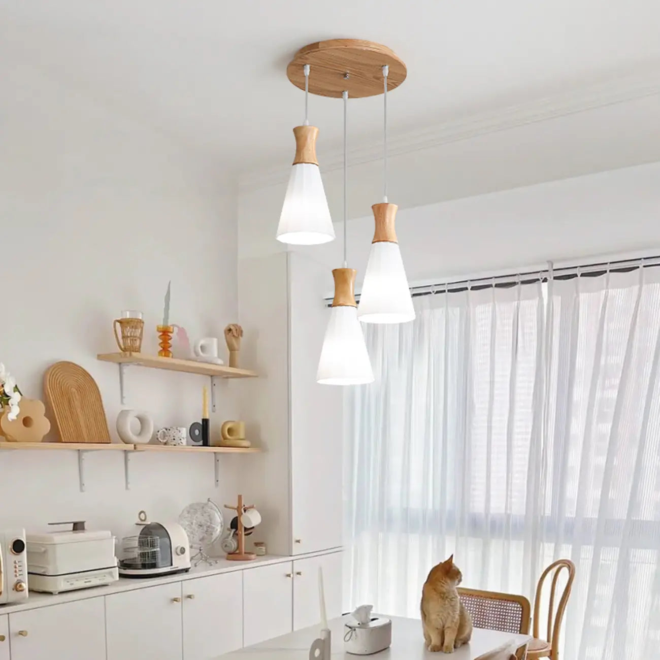 Cone Shade Wooden Kitchen Island Pendant Light Adjustable