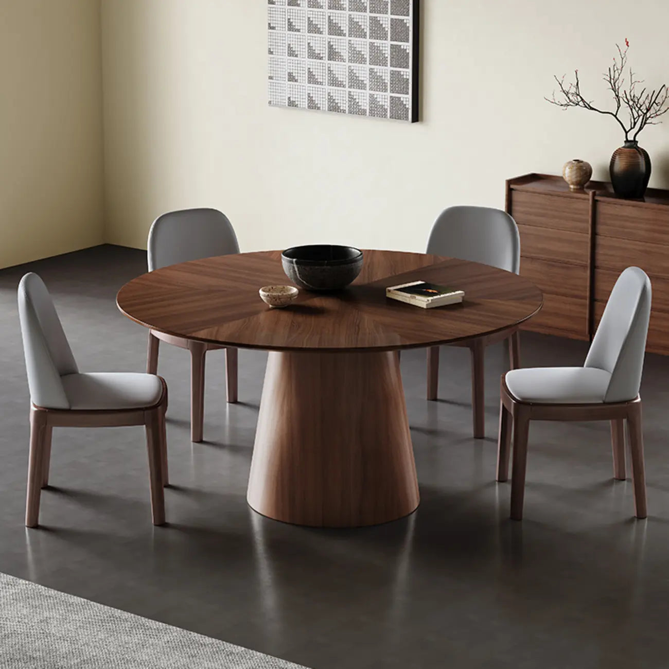 Modern Simple Round Walnut-Brown Wood Dining Table