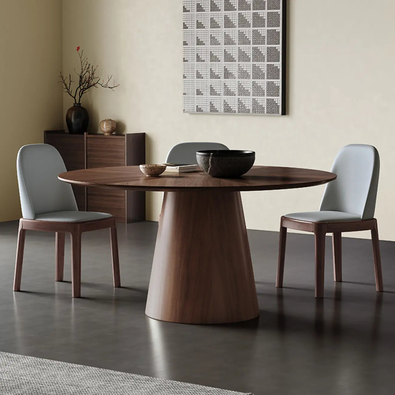 Modern Simple Round Walnut-Brown Wood Dining Table