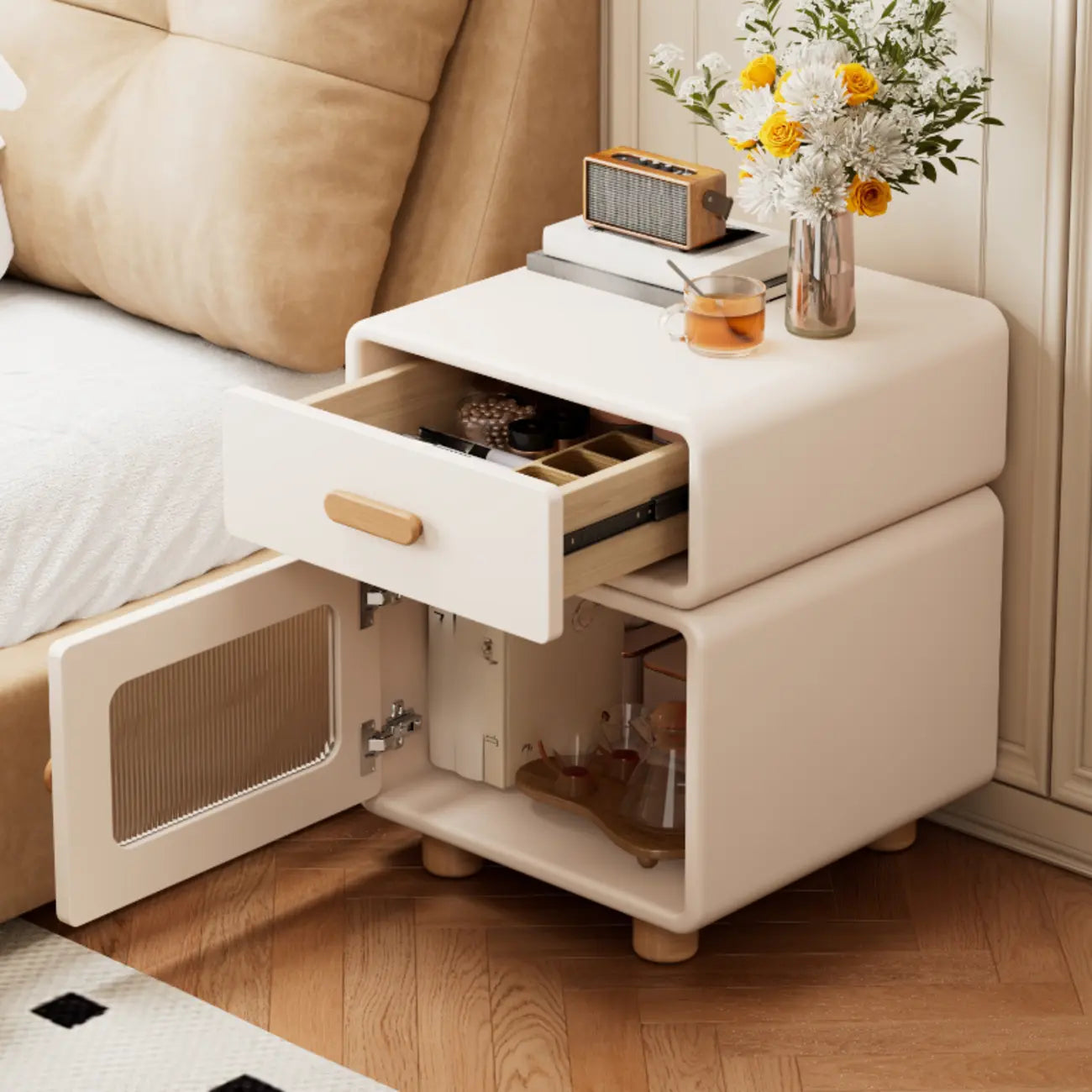 Durable Sleek Edge Wood Cream Bedside Cabinet Nightstand