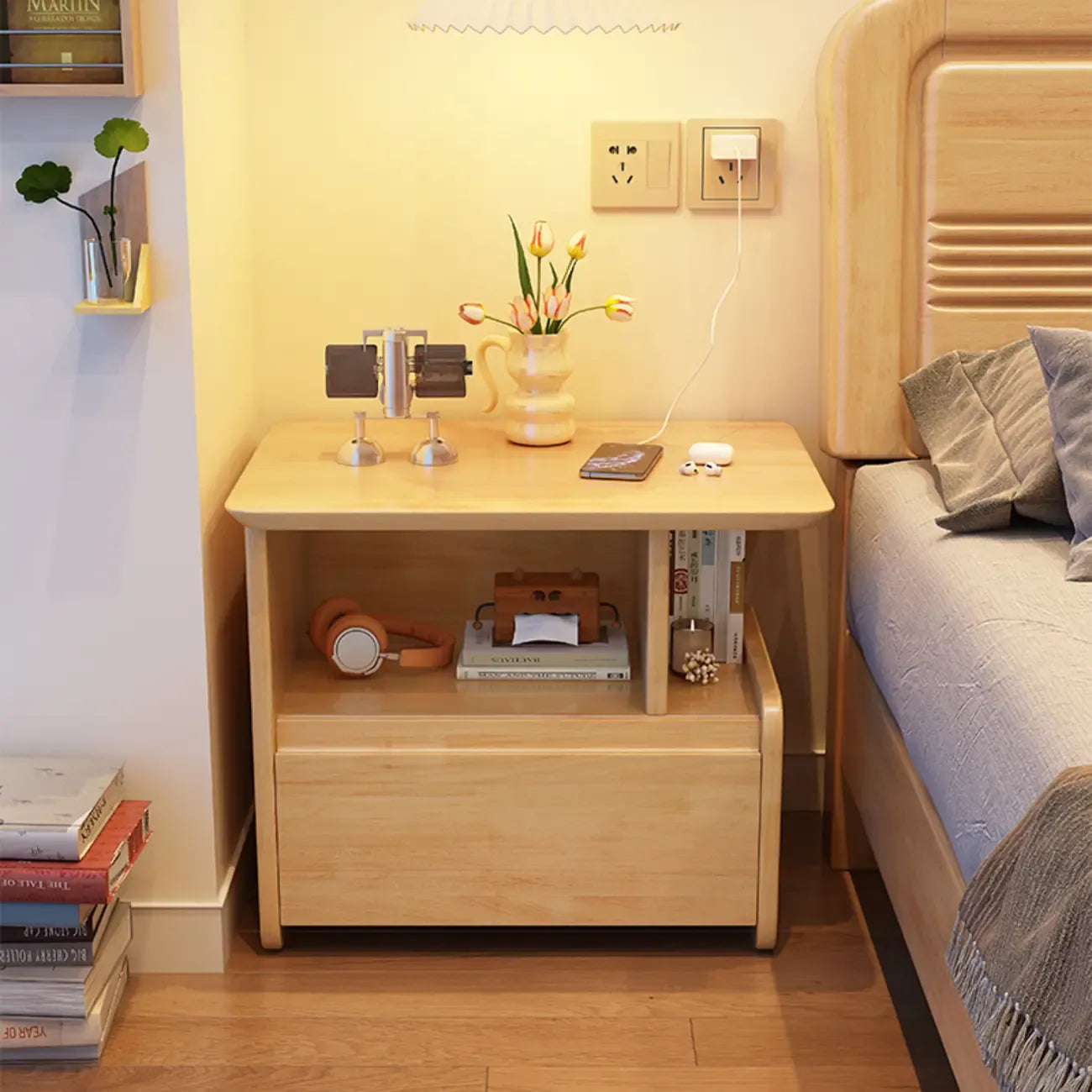 Classic Wooden Nut-Brown Nightstand with Drawer & Shelf