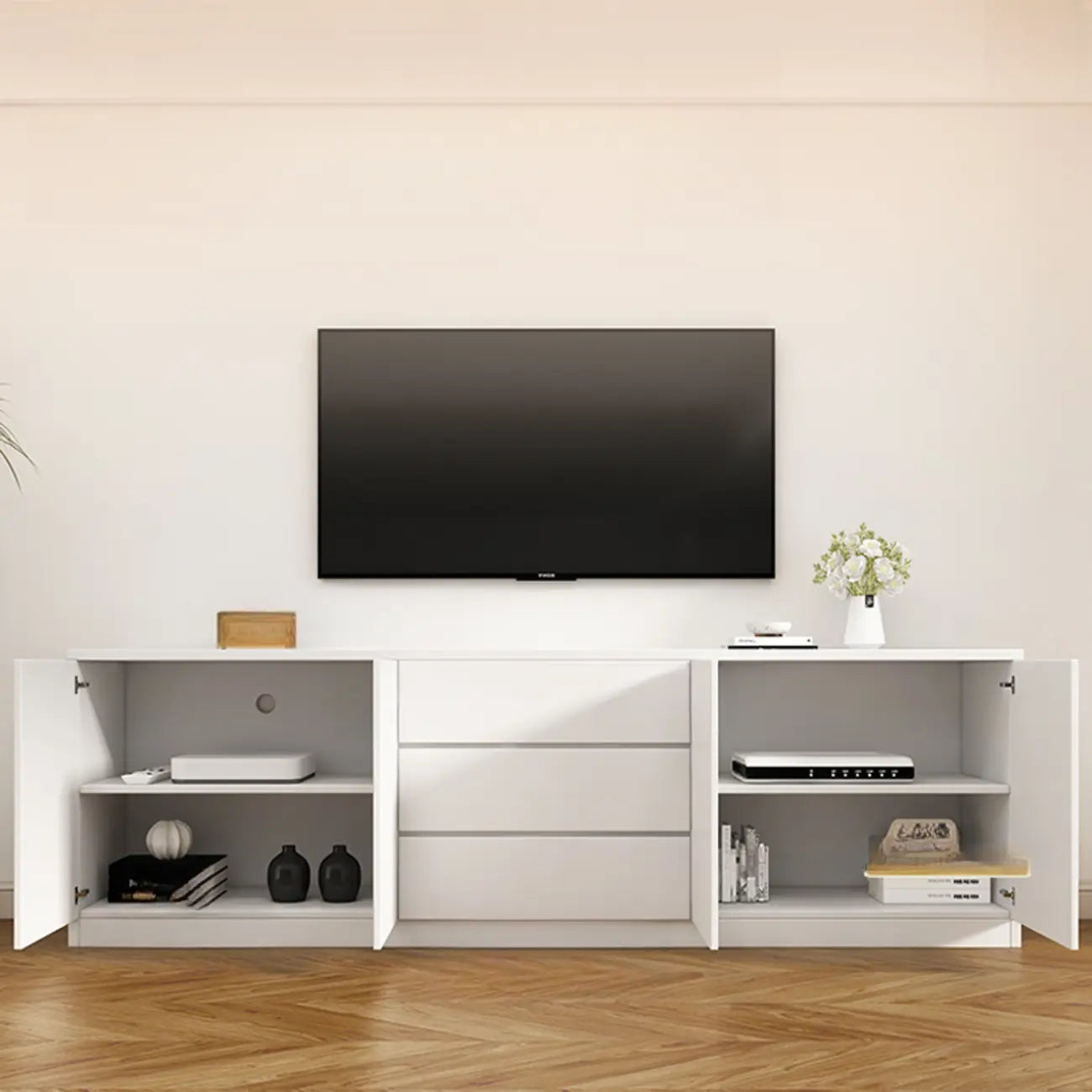Modern Wooden TV Stand with Shelves and Cabinets