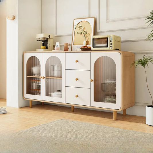 Natural Modern Wooden Buffet Cabinet with Glass Doors