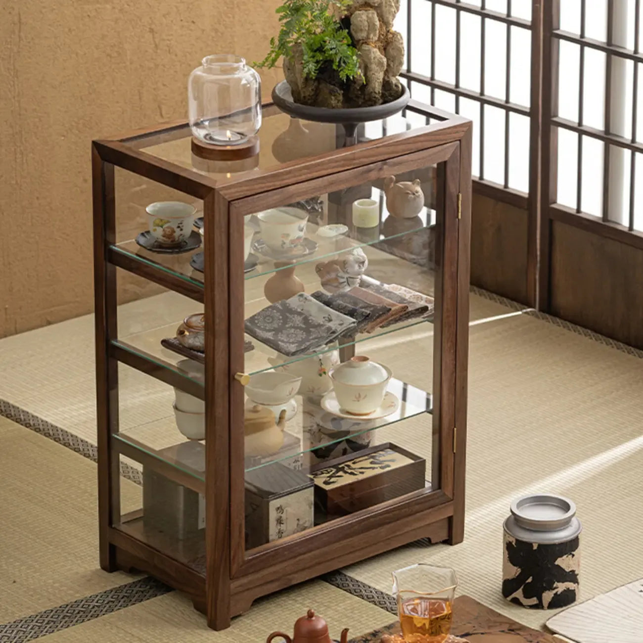 Wooden Tabletop Display Cabinet Glass Doors