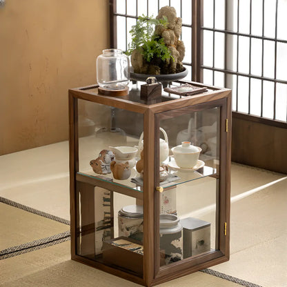 Modern Brown Wood Curio Cabinet with Glass Shelves