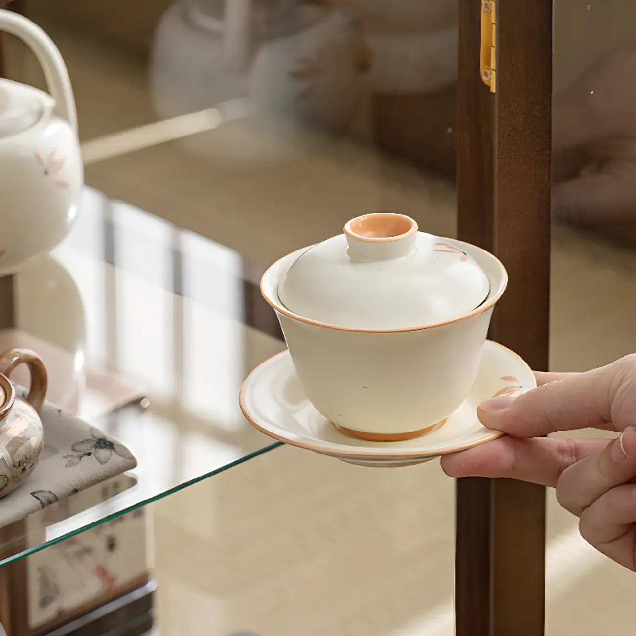 Modern Brown Wood Curio Cabinet with Glass Shelves