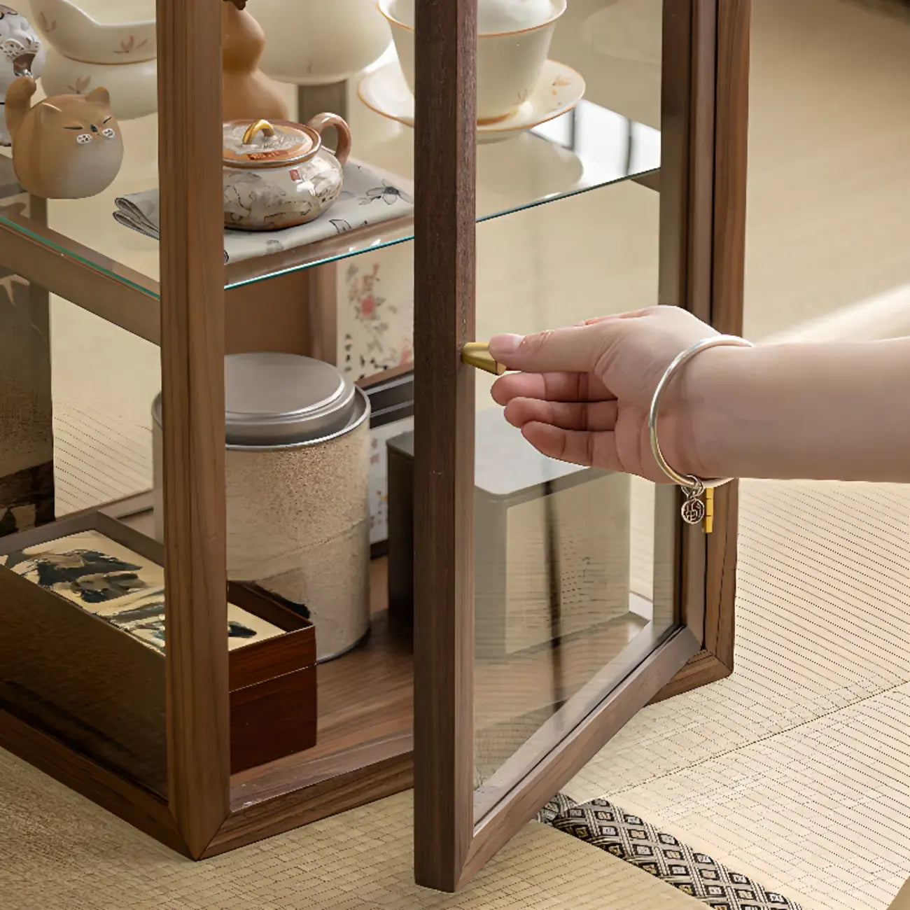 Modern Brown Wood Curio Cabinet with Glass Shelves