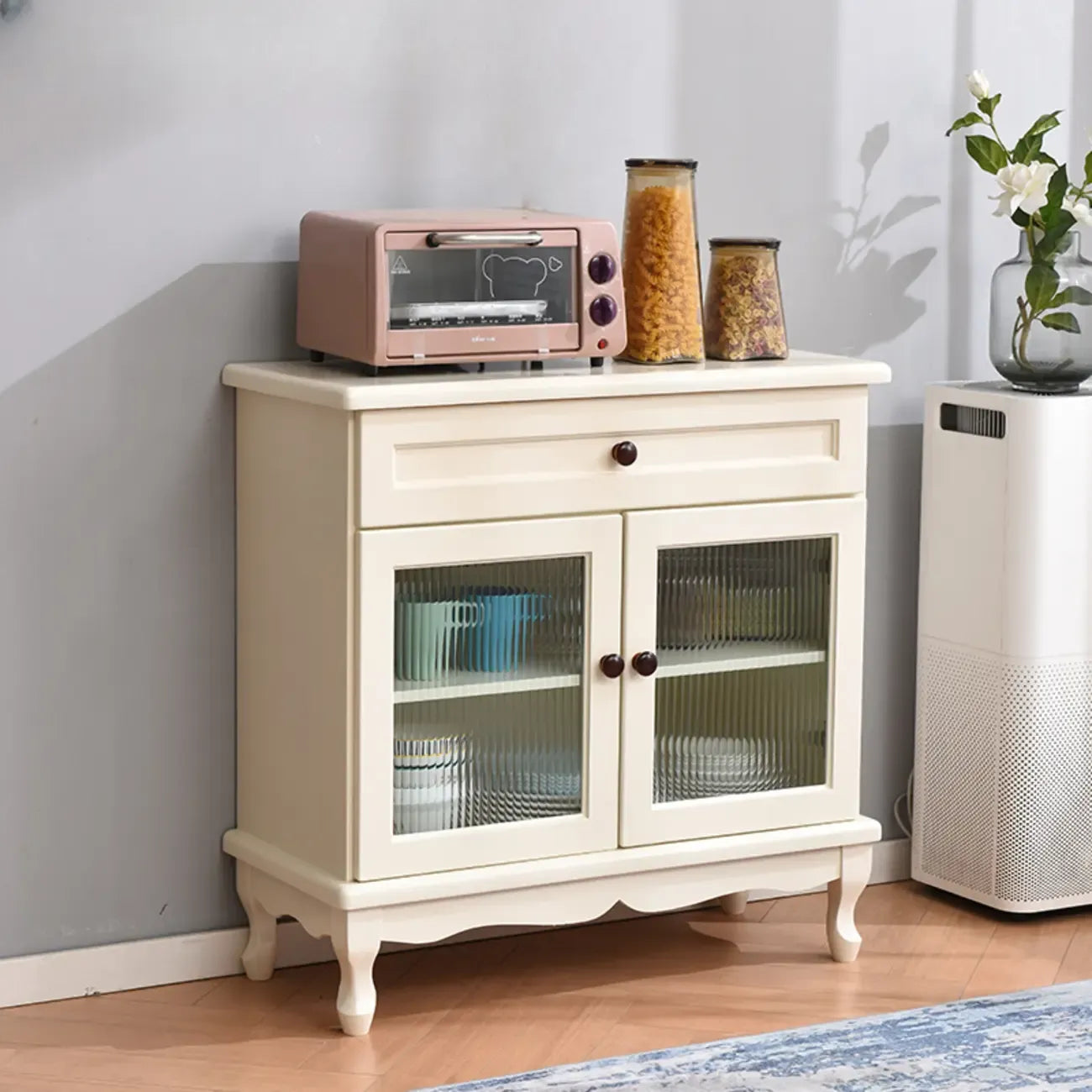 Vintage White Wood Sideboard with Glass Doors