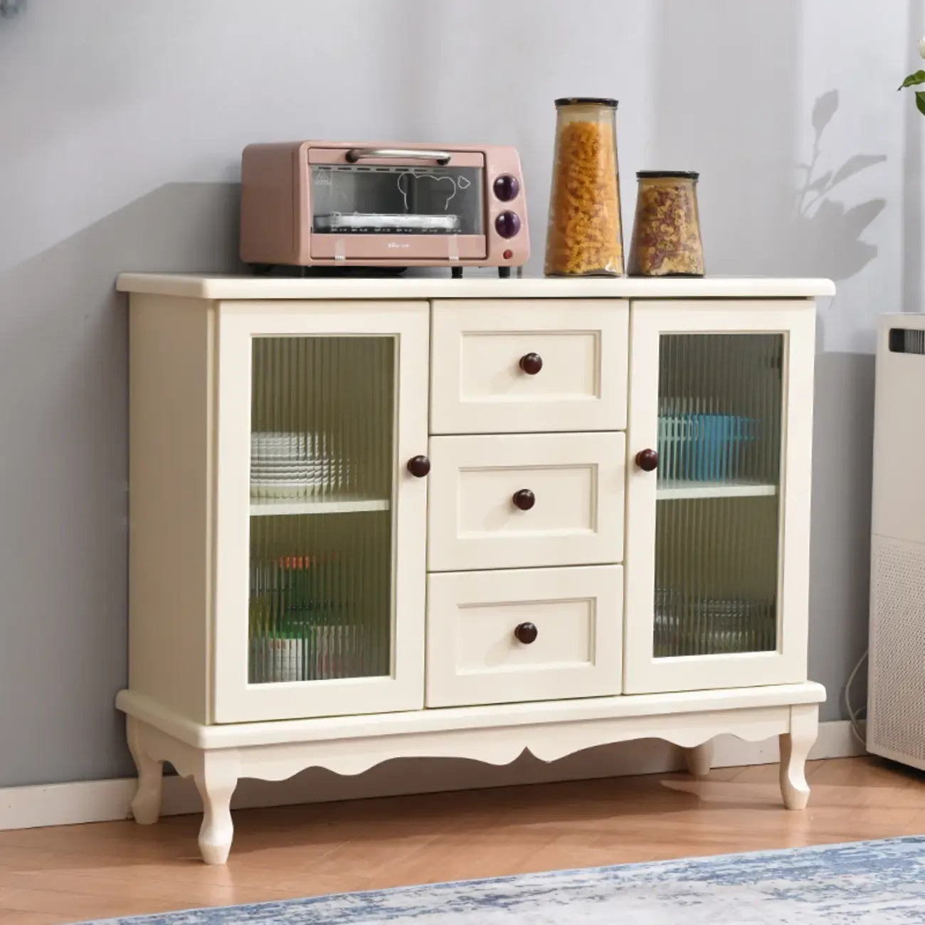Vintage White Wood Sideboard with Glass Doors