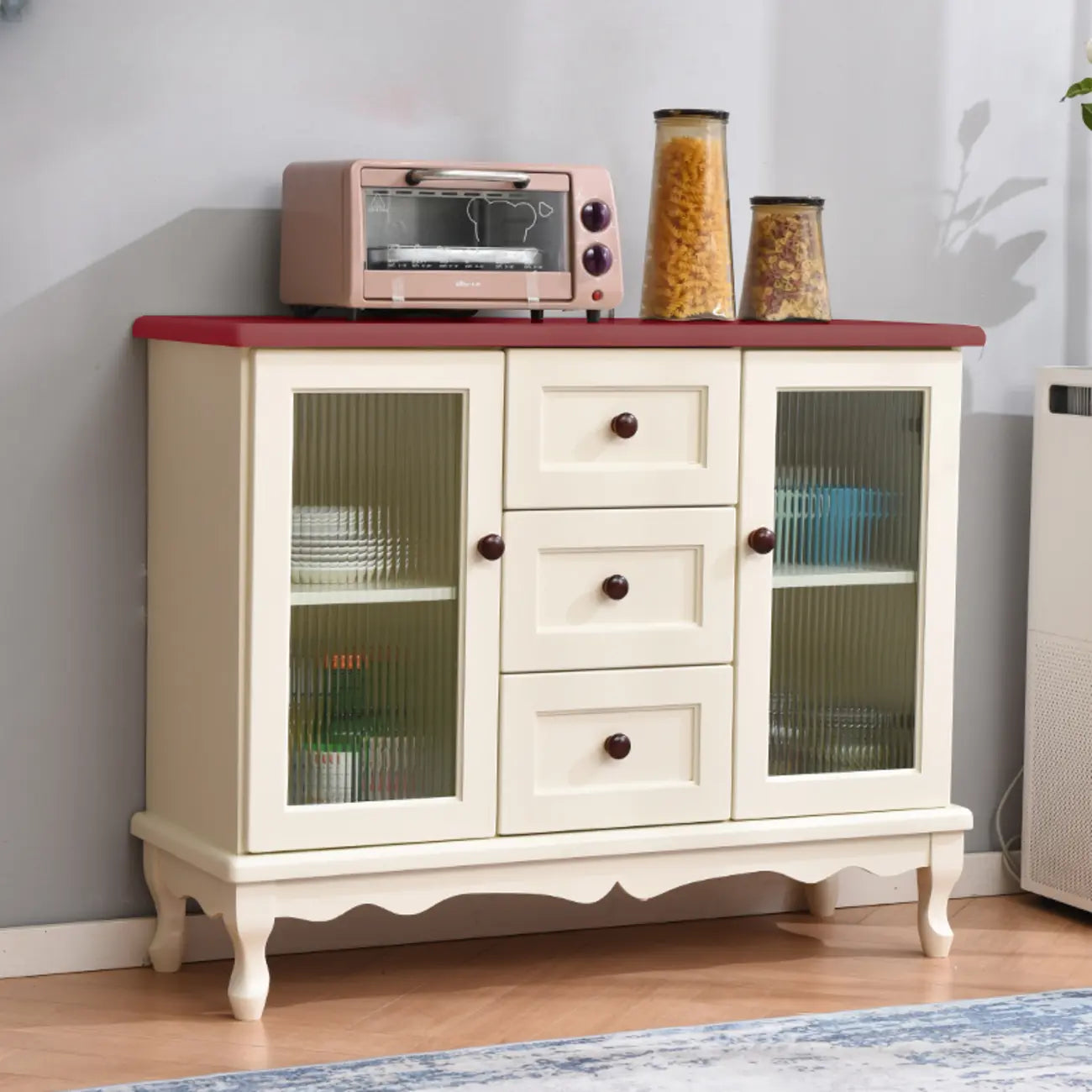 Vintage White Wood Sideboard with Glass Doors