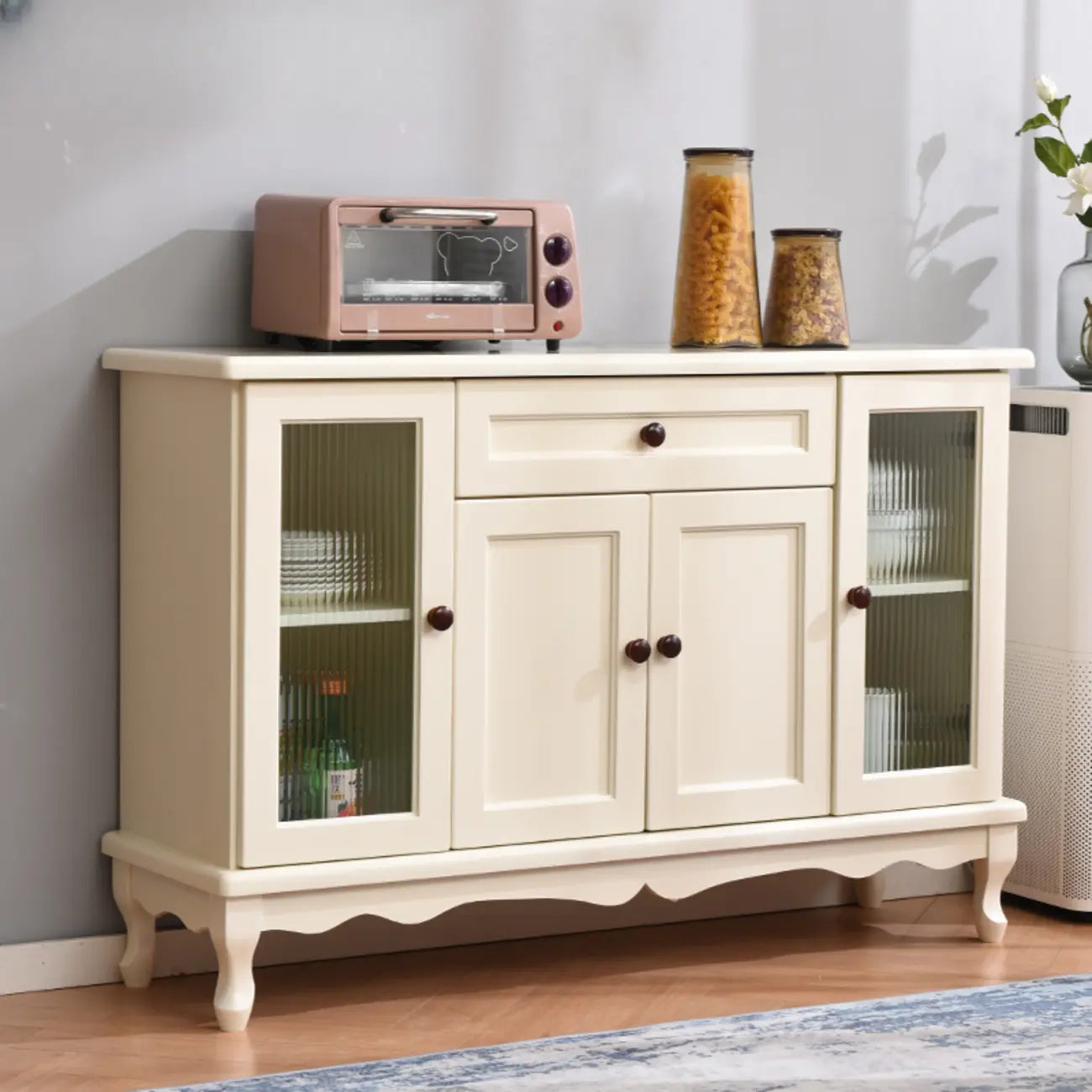 Vintage White Wood Sideboard with Glass Doors