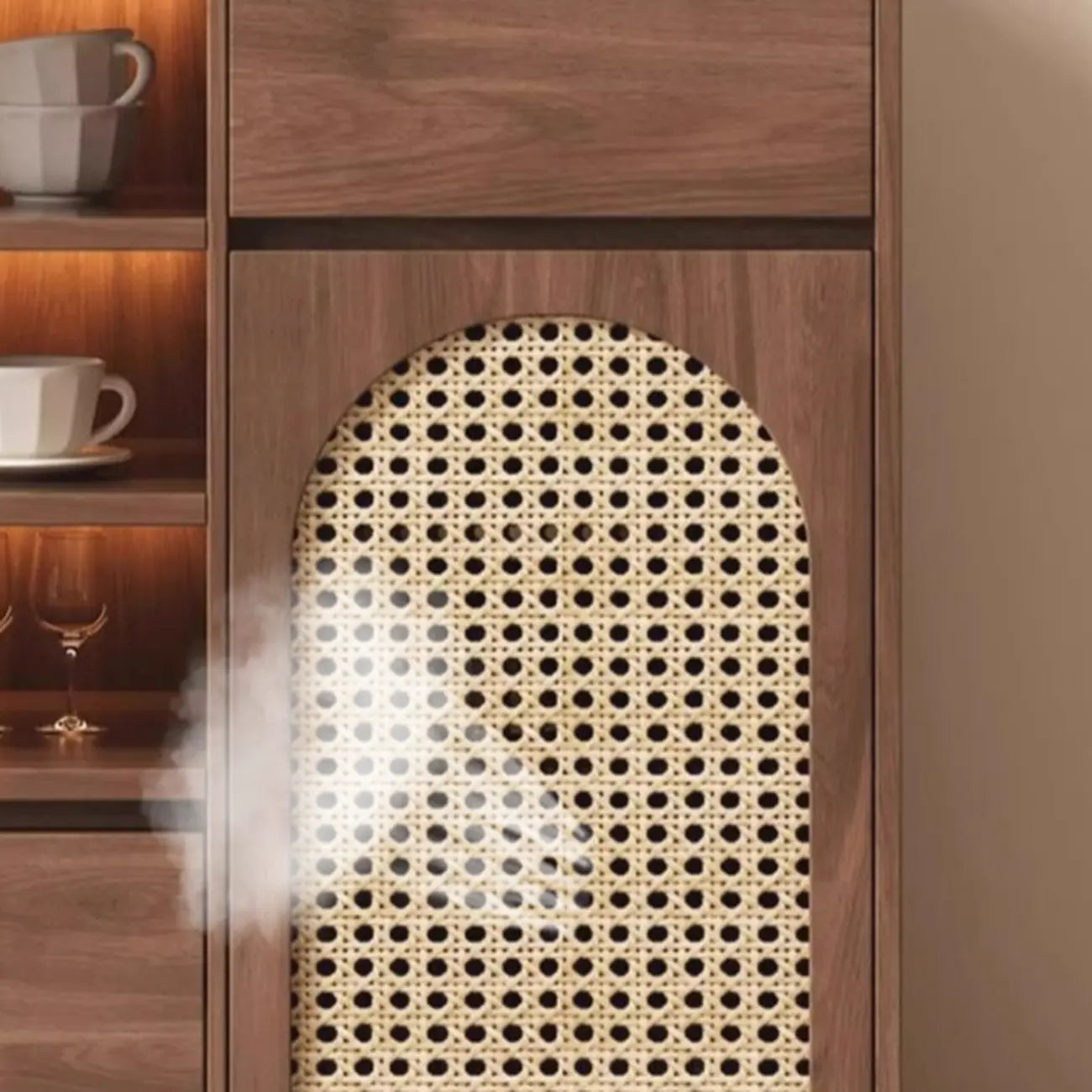 Medium Wood Rattan Kitchen Storage Cabinet in Natural Finish