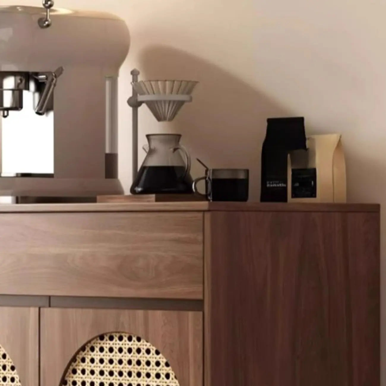 Medium Wood Rattan Kitchen Storage Cabinet in Natural Finish