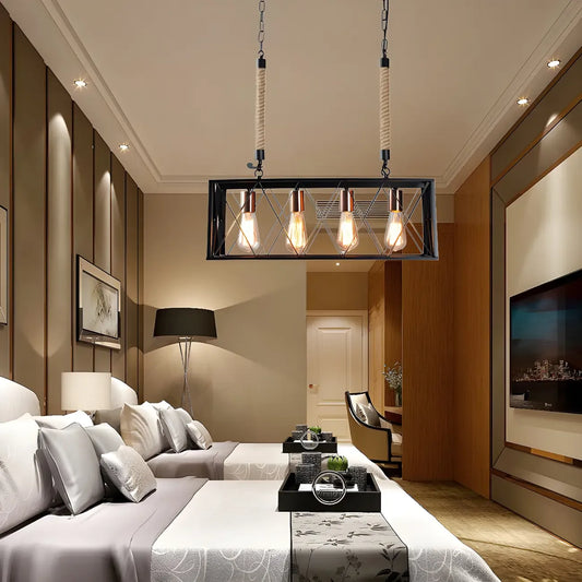 Industrial 4-Light Rectangle Black Metal Pendant Light