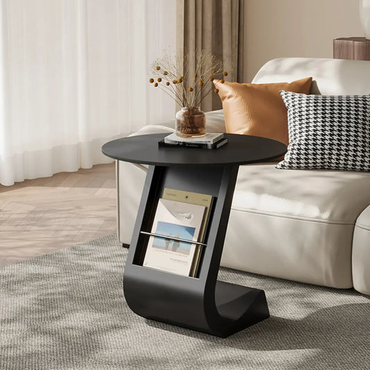 Modern Black Stone Top C-Shaped Storage Side Table