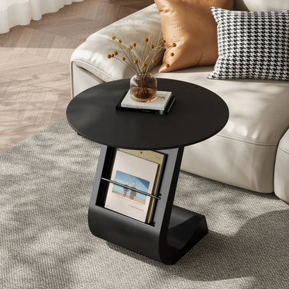 Modern Black Stone Top C-Shaped Storage Side Table