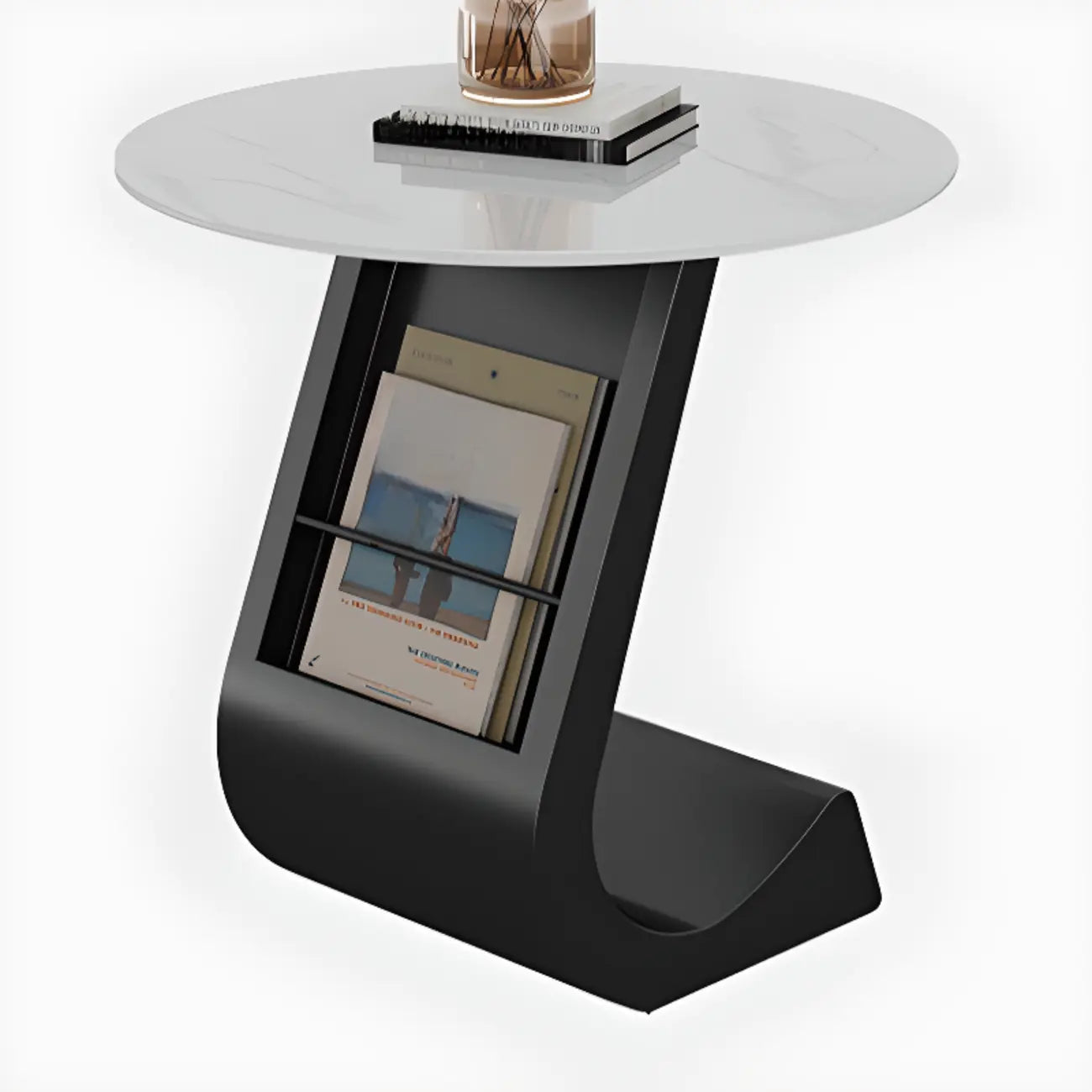 Modern Black Stone Top C-Shaped Storage Side Table