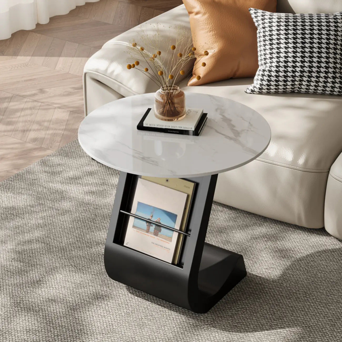 Modern Black Stone Top C-Shaped Storage Side Table