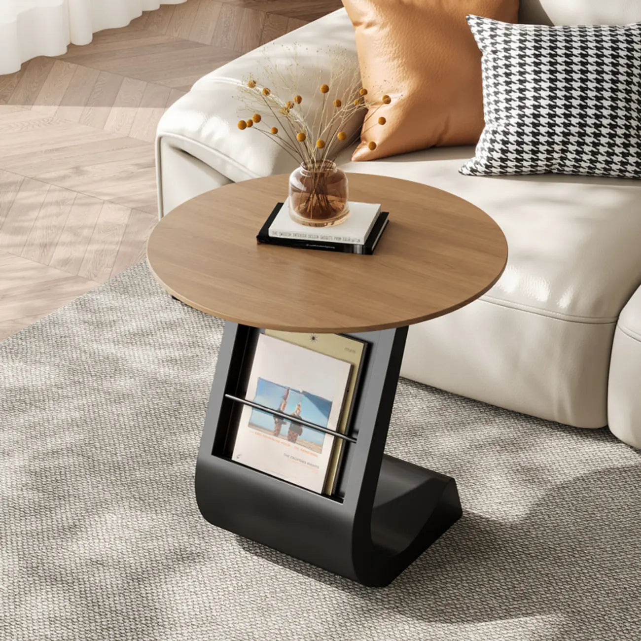 Modern Black Stone Top C-Shaped Storage Side Table