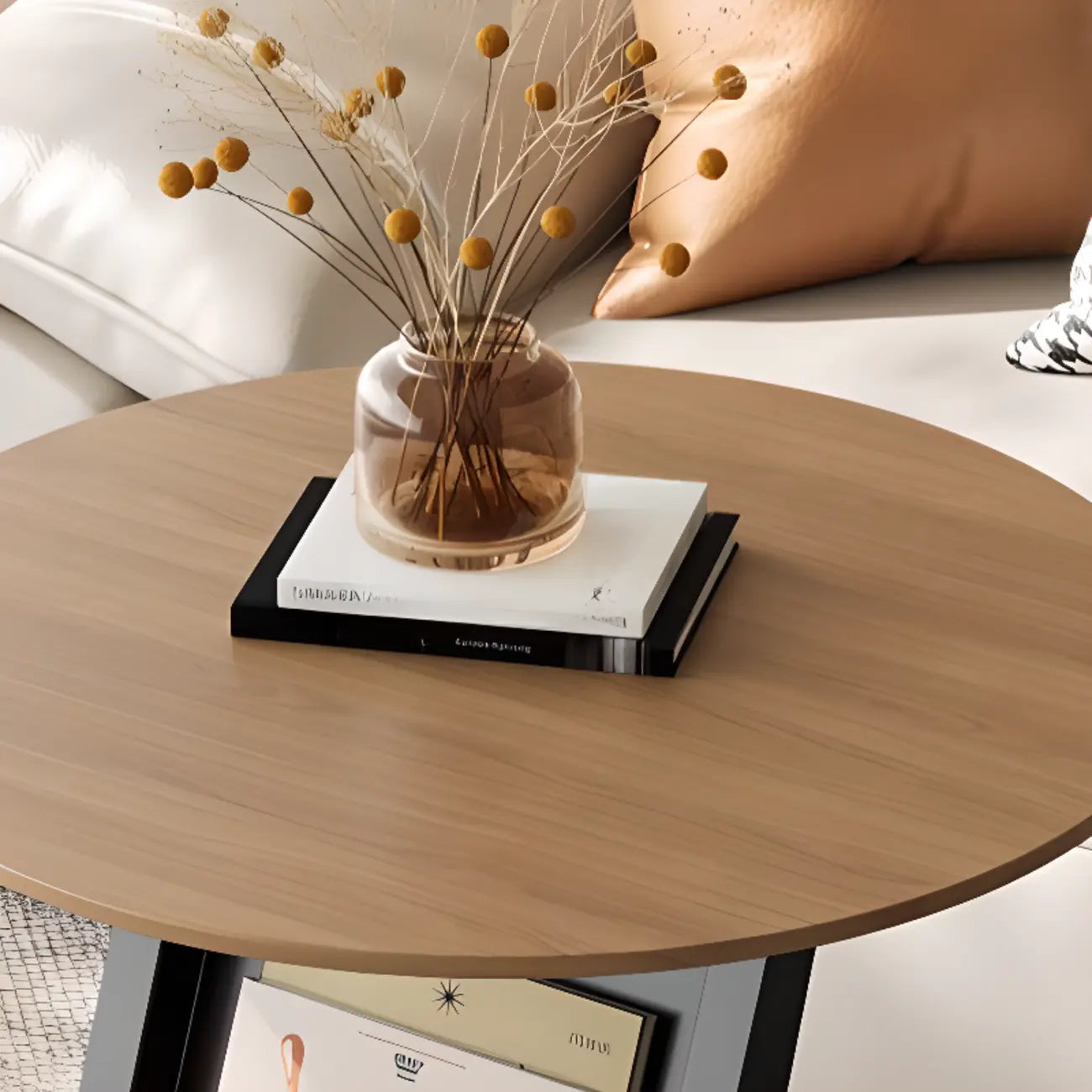 Modern Black Stone Top C-Shaped Storage Side Table