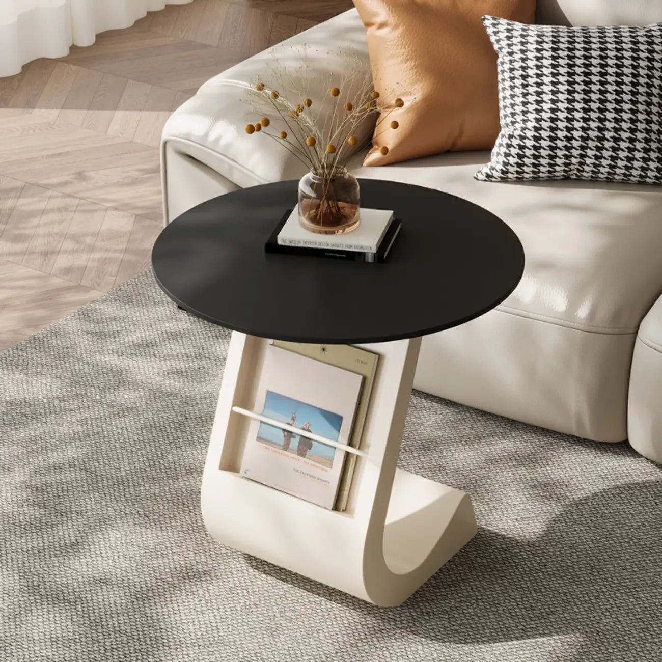 Modern Black Stone Top C-Shaped Storage Side Table