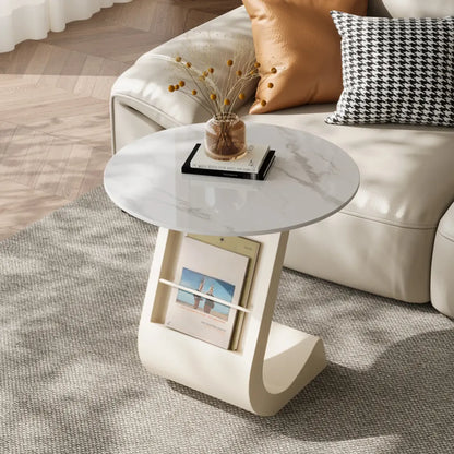 Modern Black Stone Top C-Shaped Storage Side Table