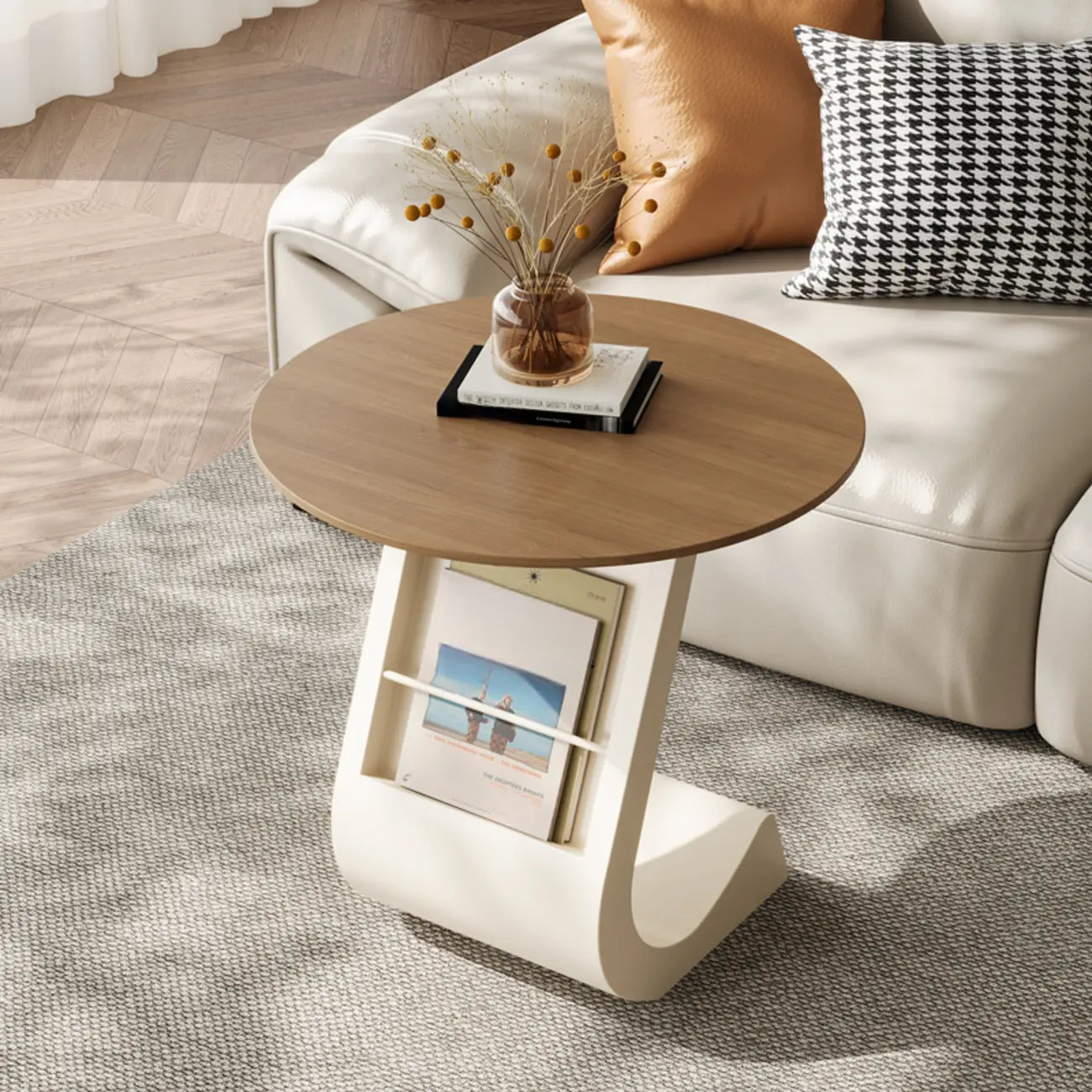 Modern Black Stone Top C-Shaped Storage Side Table