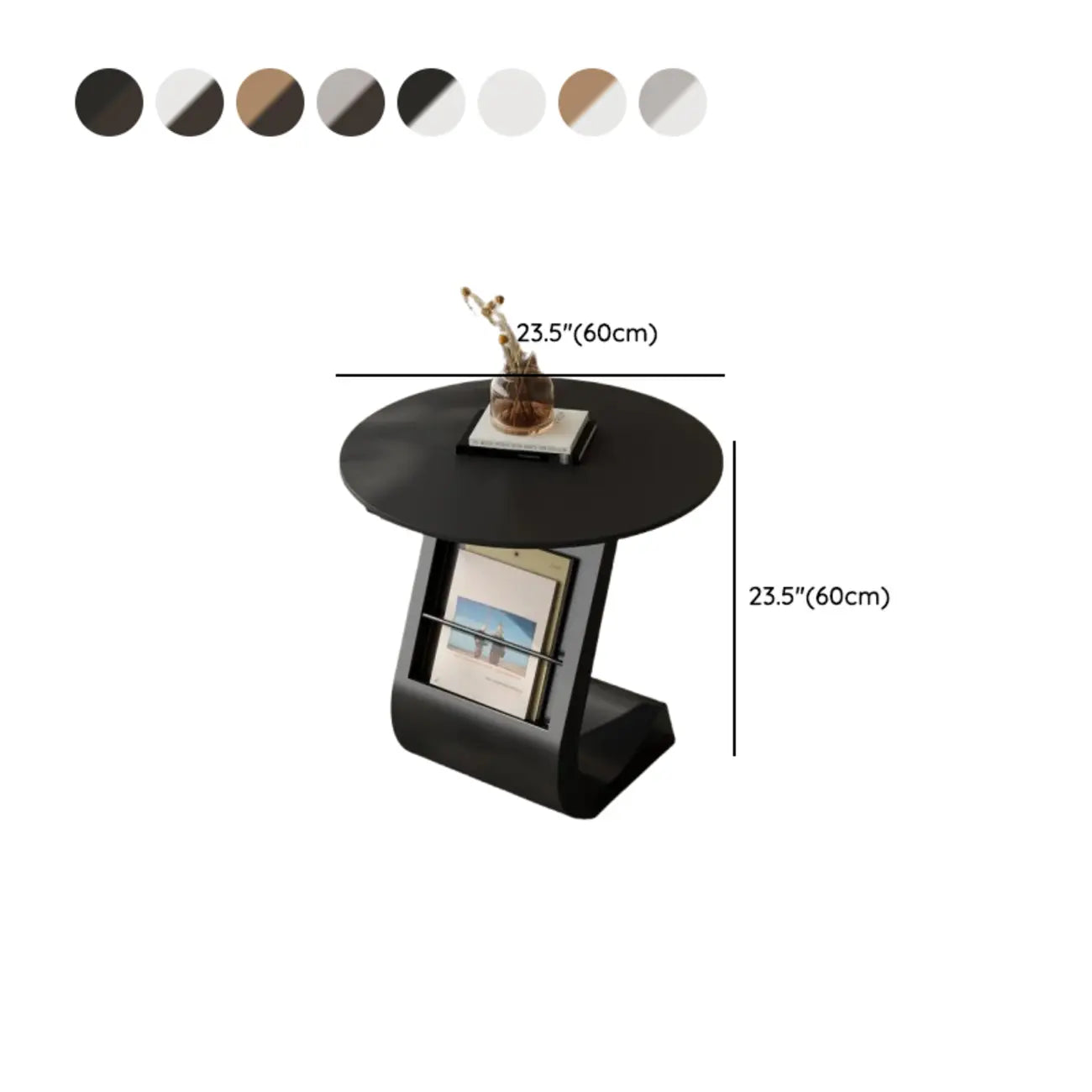 Modern Black Stone Top C-Shaped Storage Side Table