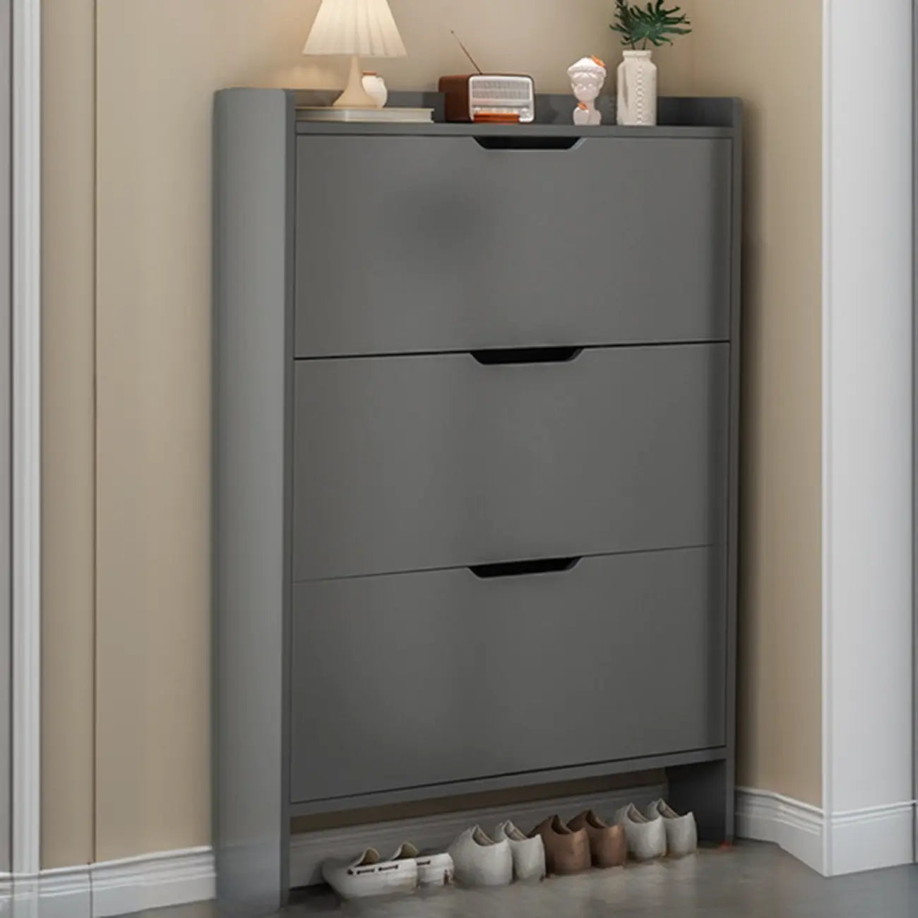 Efficient Minimalist Drop-Front Wood Adjustable Shoe Cabinet