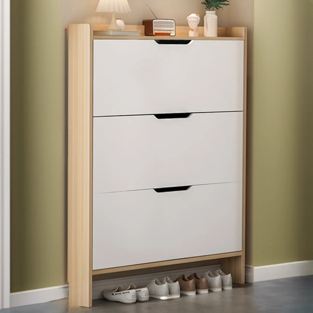 Efficient Minimalist Drop-Front Wood Adjustable Shoe Cabinet