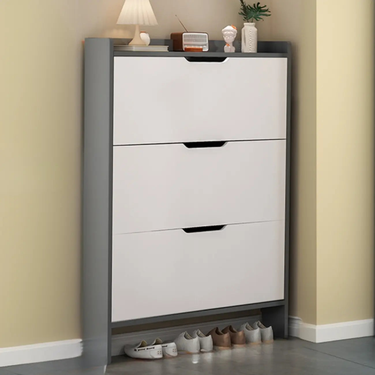 Efficient Minimalist Drop-Front Wood Adjustable Shoe Cabinet