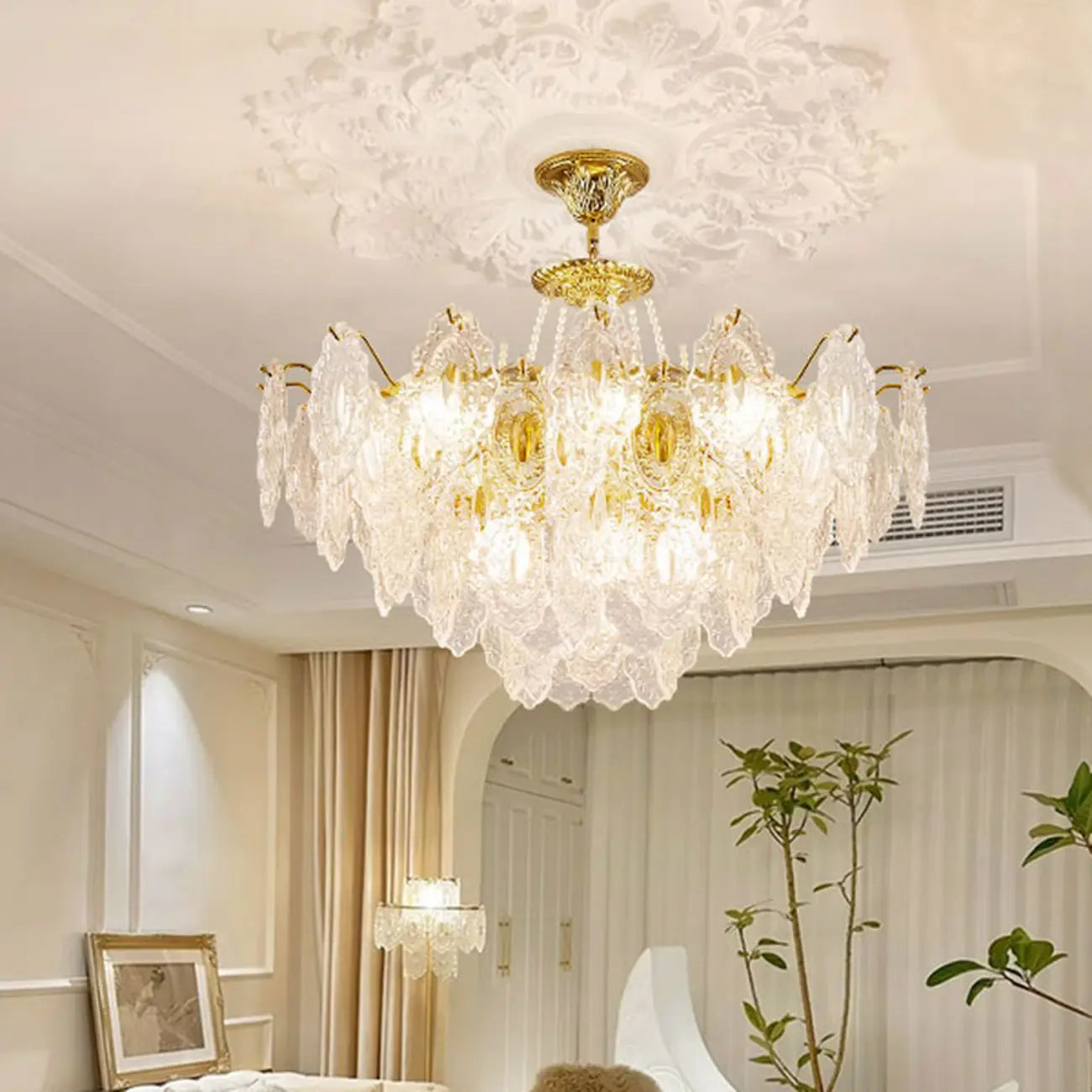 Luxurious Gold Crystal Leaf Round Pendant Chandelier