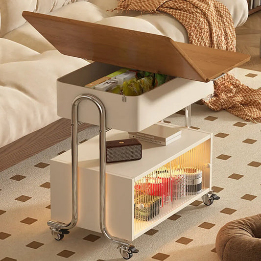 Modern Foldable Top Wheeled Side Table with Hidden Storage