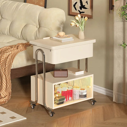 Modern Foldable Top Wheeled Side Table with Hidden Storage