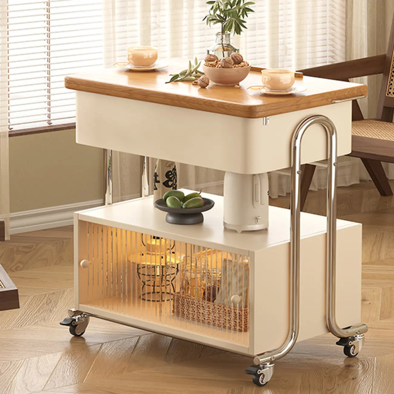 Modern Foldable Top Wheeled Side Table with Hidden Storage