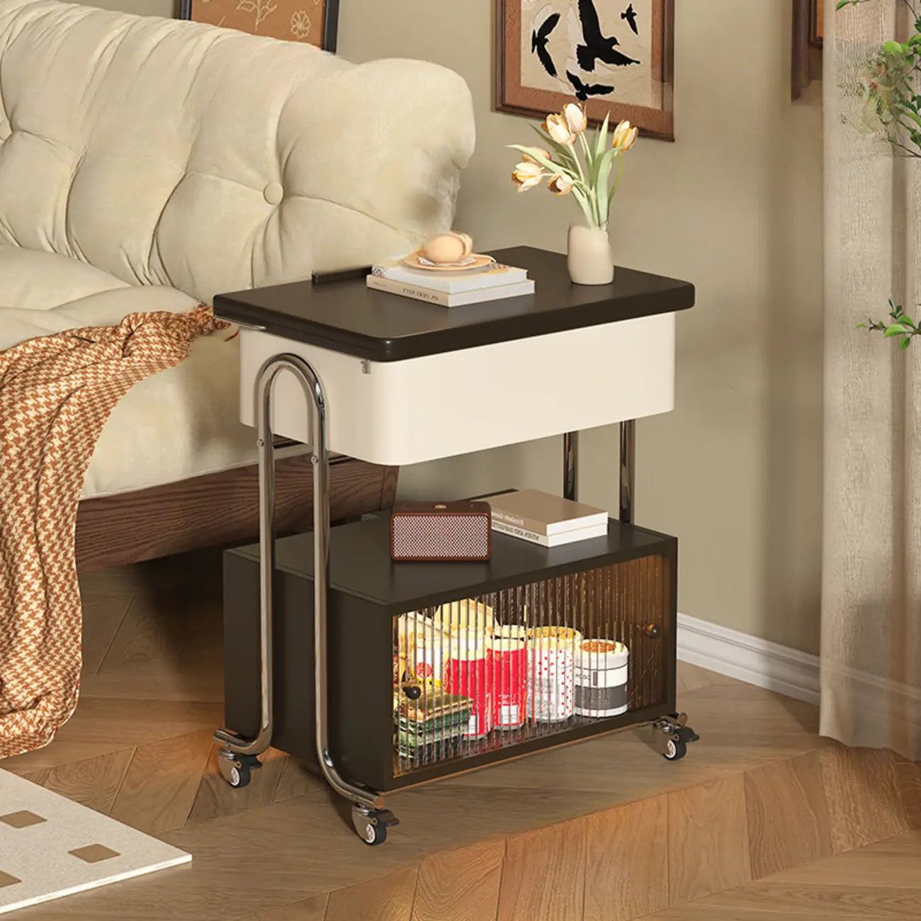 Modern Foldable Top Wheeled Side Table with Hidden Storage