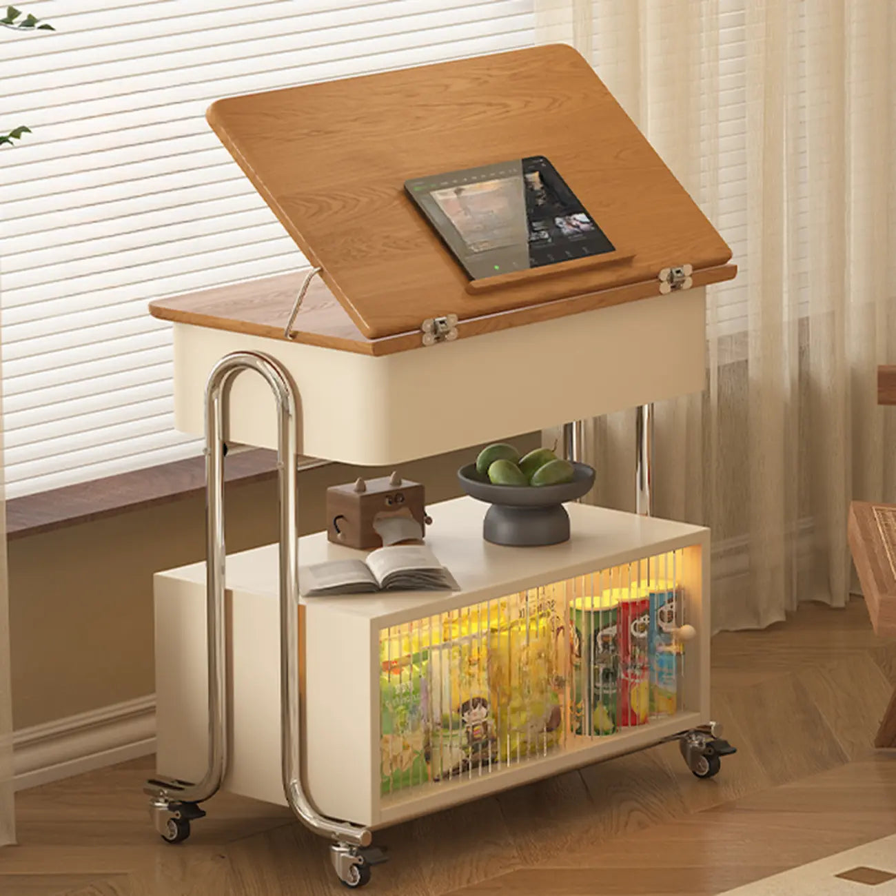 Modern Foldable Top Wheeled Side Table with Hidden Storage