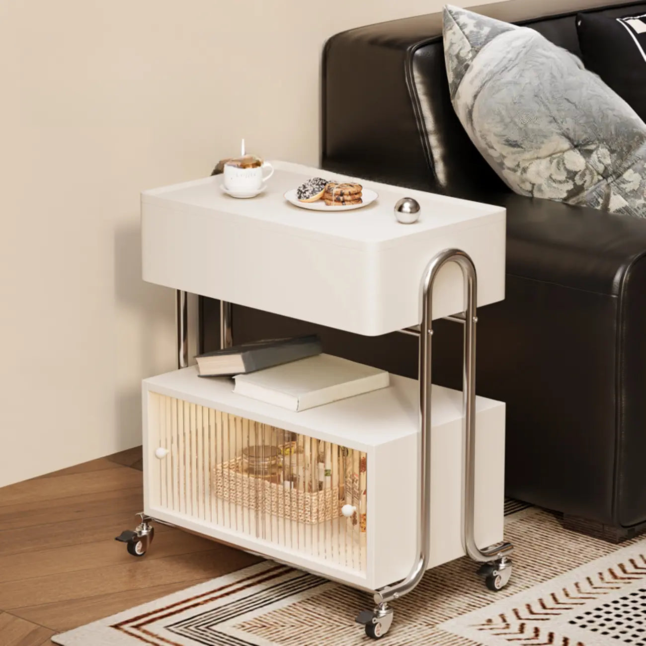 Modern Foldable Top Wheeled Side Table with Hidden Storage