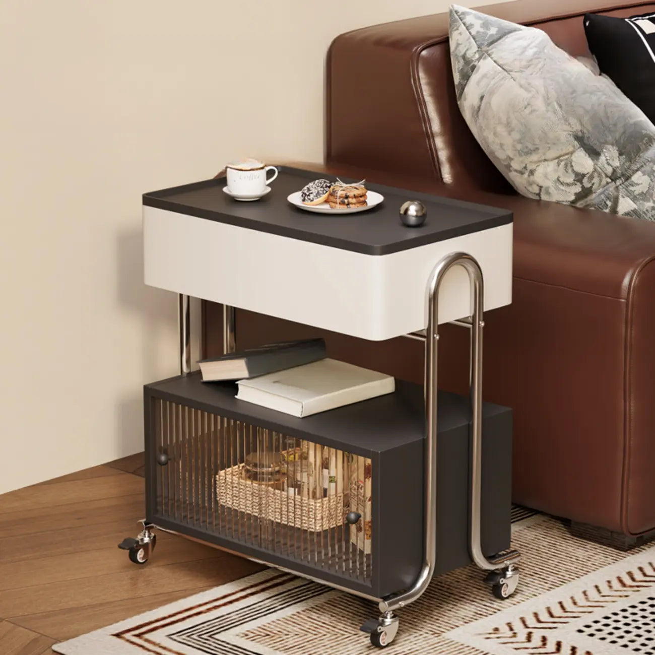 Modern Foldable Top Wheeled Side Table with Hidden Storage