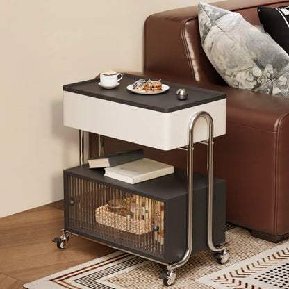 Modern Foldable Top Wheeled Side Table with Hidden Storage