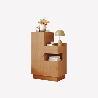 Casual Wood Color Rectangle Nightstand with 3 Cabinets